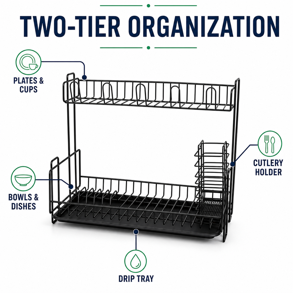 Double-Layer Kitchen Dish Drying & Storage Rack