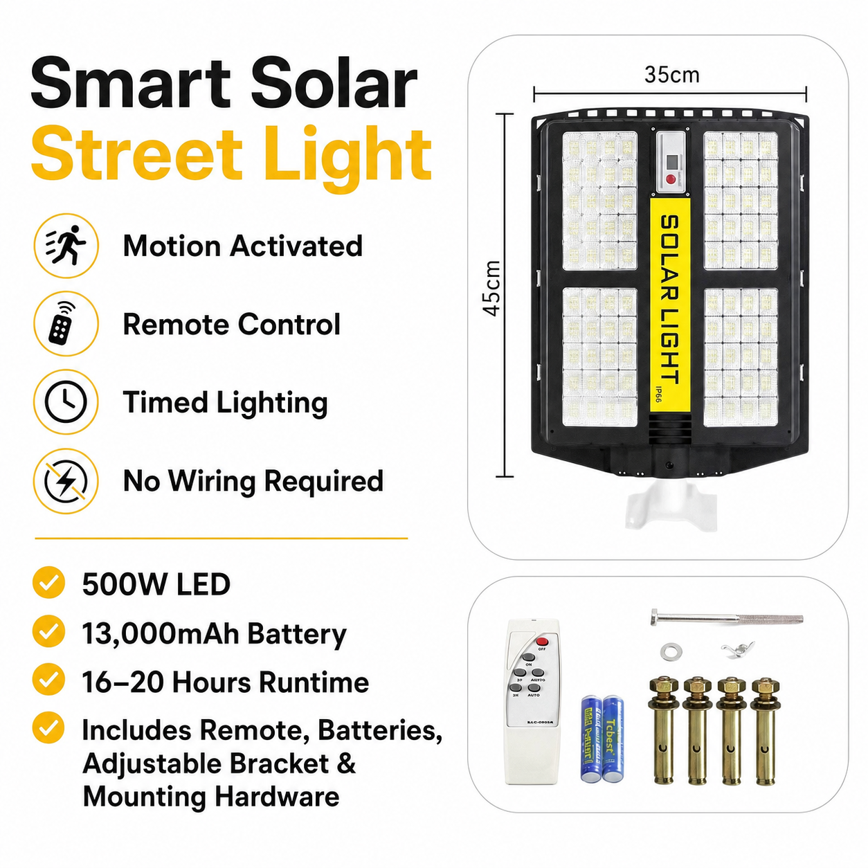 500W Solar LED Street Light with Motion Sensor & Remote Control