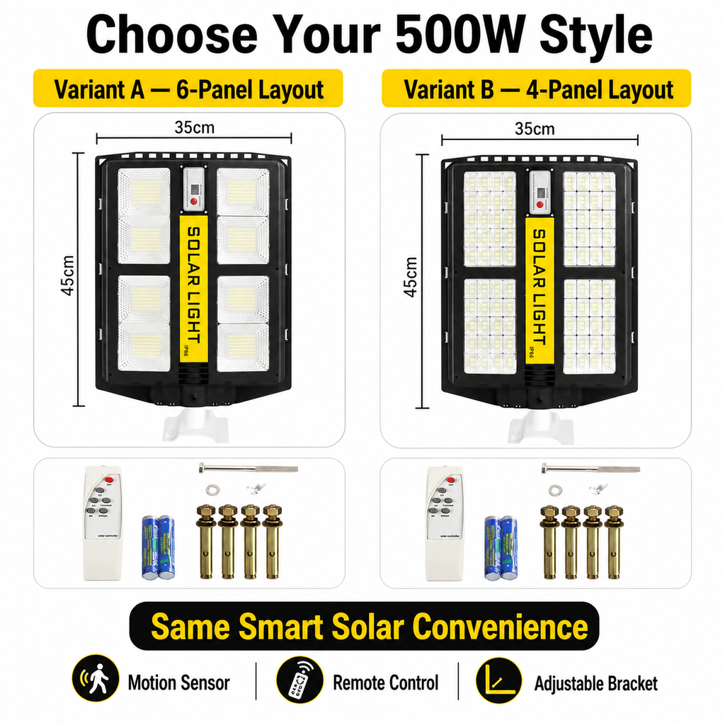 500W Solar LED Street Light with Motion Sensor & Remote Control