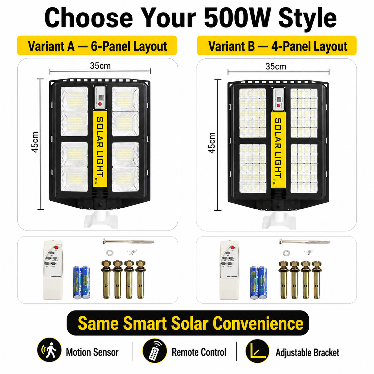 500W Solar LED Street Light with Motion Sensor & Remote Control