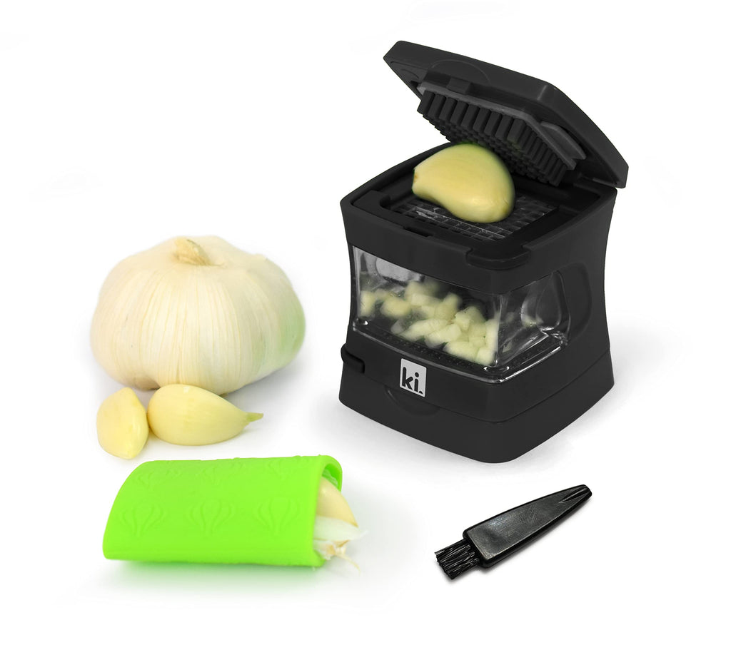 Kitchen Innovations Garlic-A-Peel Garlic Press Crusher Cutter Mincer and Storage Container - Includes Silicone Garlic Peeler - Easy to Clean - Stainless Steel Blades – (Black) standard