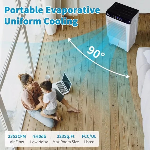 Portable 3-in-1 Evaporative Air Cooler Fan – 30L Water Tank, Remote Control, 2353 CFM Airflow & 90° Oscillationhly humid rooms.