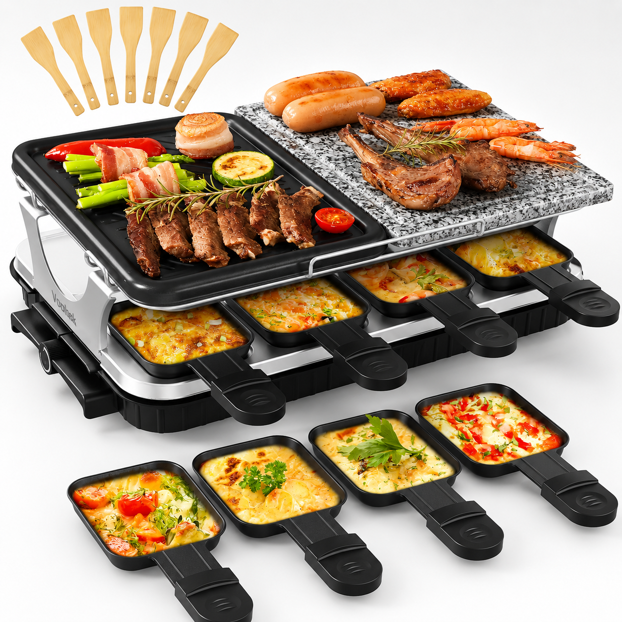 Voohek 2-in-1 Korean BBQ Raclette Grill – 1300W Smokeless Indoor Electric Grill with Nonstick Plate, Cooking Stone, 8 Pans & 8 Wooden Spatulas