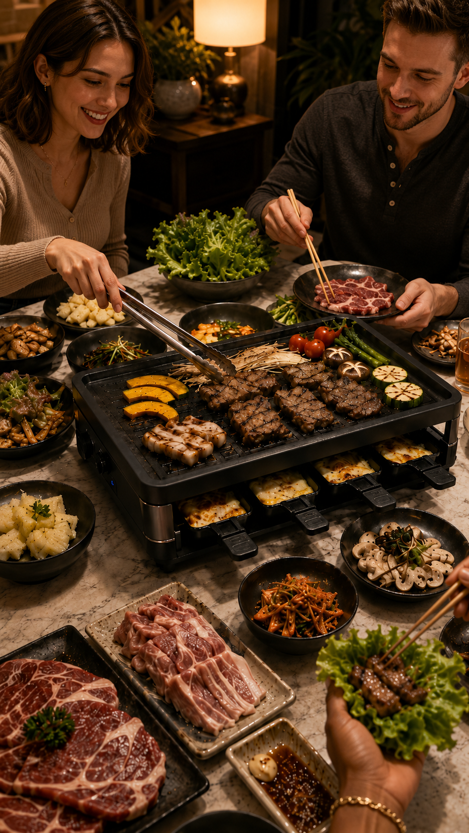 Voohek 2-in-1 Korean BBQ Raclette Grill – 1300W Smokeless Indoor Electric Grill with Nonstick Plate, Cooking Stone, 8 Pans & 8 Wooden Spatulas