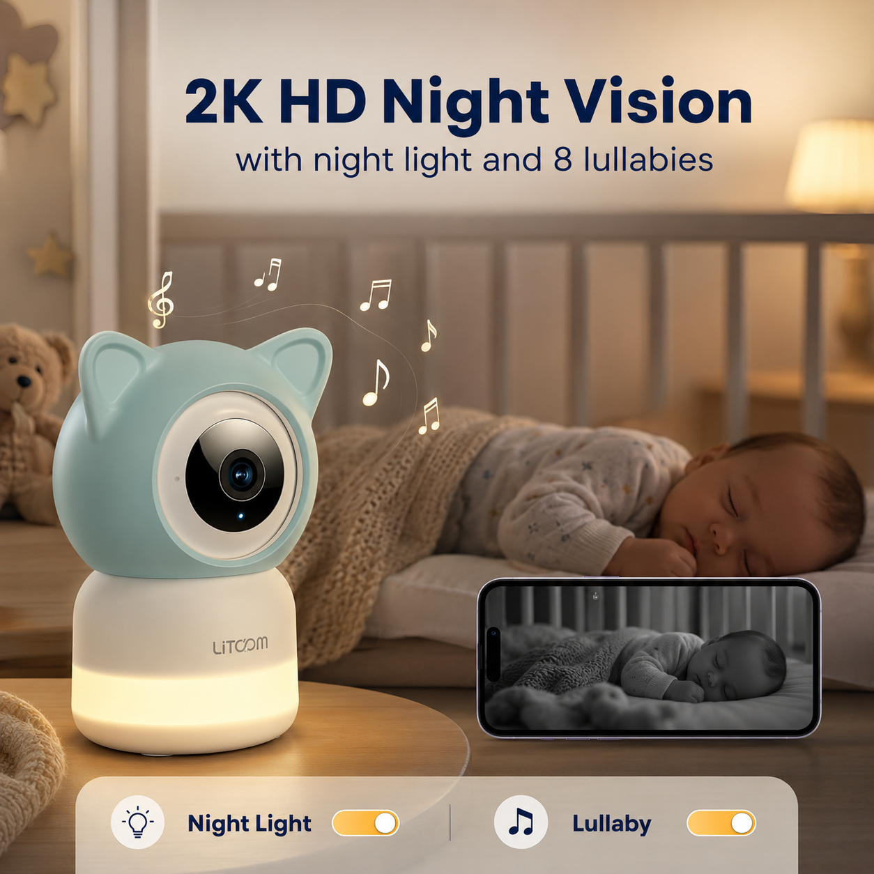 Litokam 2K Smart Baby Monitor Camera with 2.4GHz/5GHz WiFi, Cry & Motion Detection, Night Vision, Two-Way Talk, Night Light, Lullabies, Temperature & Humidity Sensor, App Control