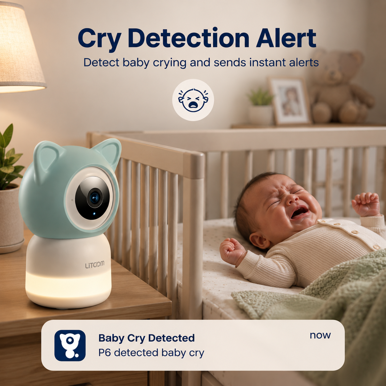 Litokam 2K Smart Baby Monitor Camera with 2.4GHz/5GHz WiFi, Cry & Motion Detection, Night Vision, Two-Way Talk, Night Light, Lullabies, Temperature & Humidity Sensor, App Control