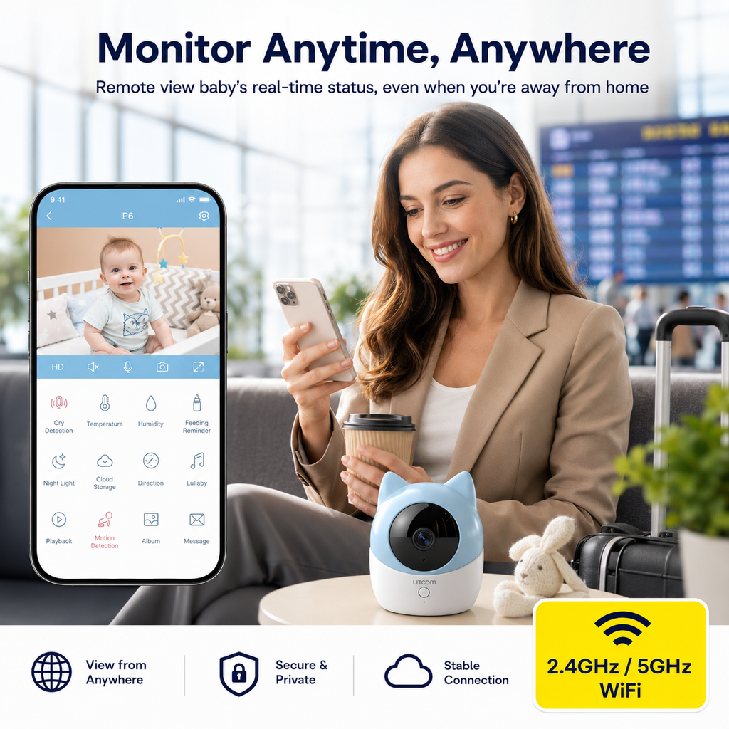 Litokam 2K Smart Baby Monitor Camera with 2.4GHz/5GHz WiFi, Cry & Motion Detection, Night Vision, Two-Way Talk, Night Light, Lullabies, Temperature & Humidity Sensor, App Control