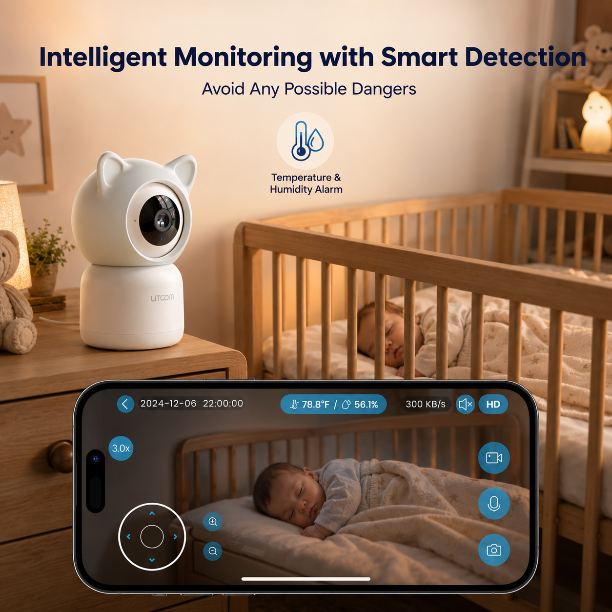 Litokam 2K Smart Baby Monitor Camera with 2.4GHz/5GHz WiFi, Cry & Motion Detection, Night Vision, Two-Way Talk, Night Light, Lullabies, Temperature & Humidity Sensor, App Control