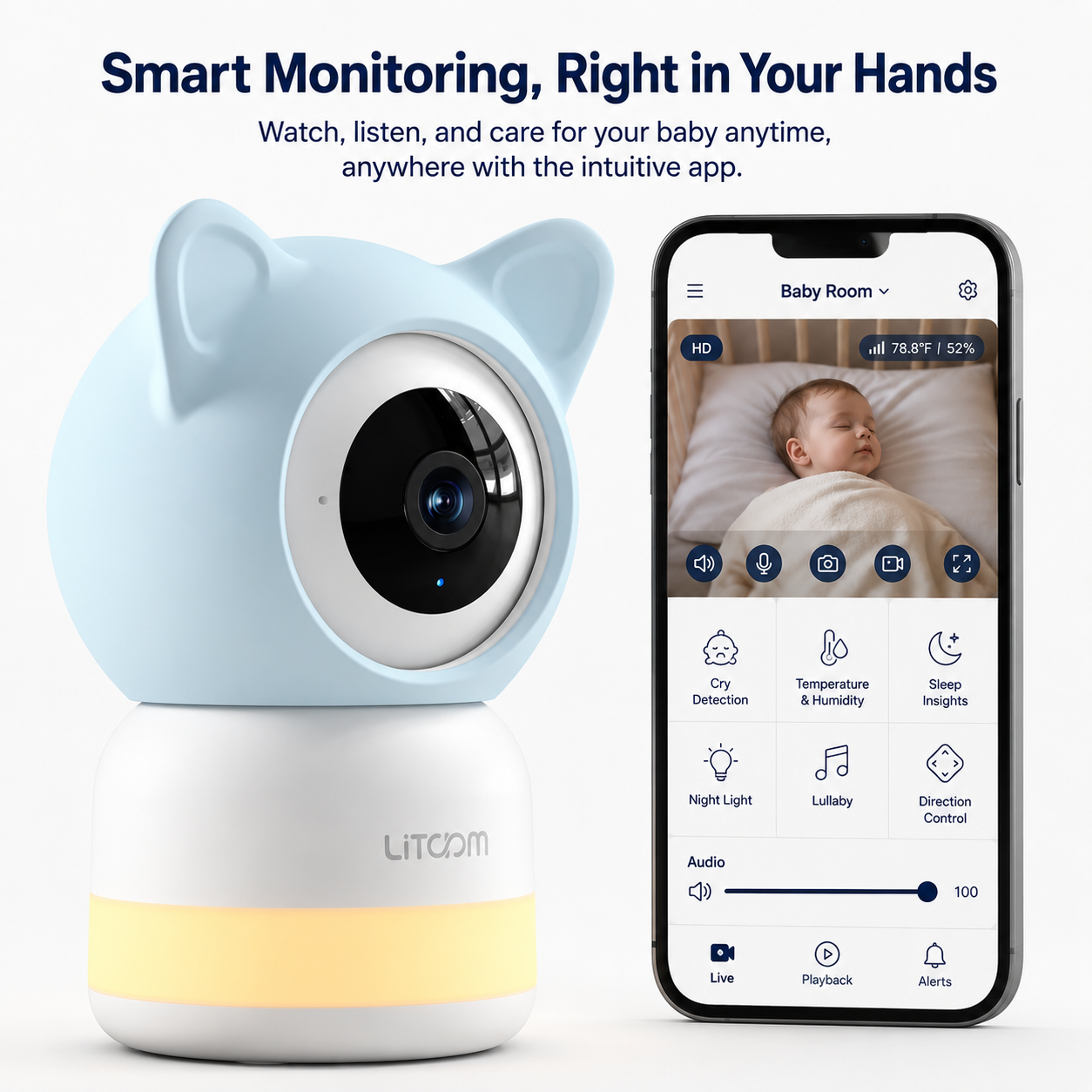 Litokam 2K Smart Baby Monitor Camera with 2.4GHz/5GHz WiFi, Cry & Motion Detection, Night Vision, Two-Way Talk, Night Light, Lullabies, Temperature & Humidity Sensor, App Control