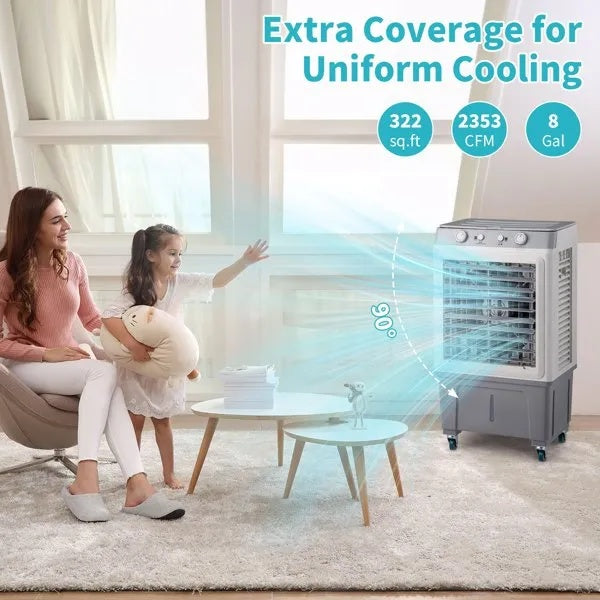 Portable 3-in-1 Evaporative Air Cooler Fan – 30L Tank, 2353 CFM Airflow &amp; 90° Oscillation