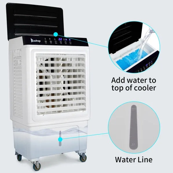 Portable 3-in-1 Evaporative Air Cooler Fan – 30L Water Tank, Remote Control, 2353 CFM Airflow & 90° Oscillationhly humid rooms.