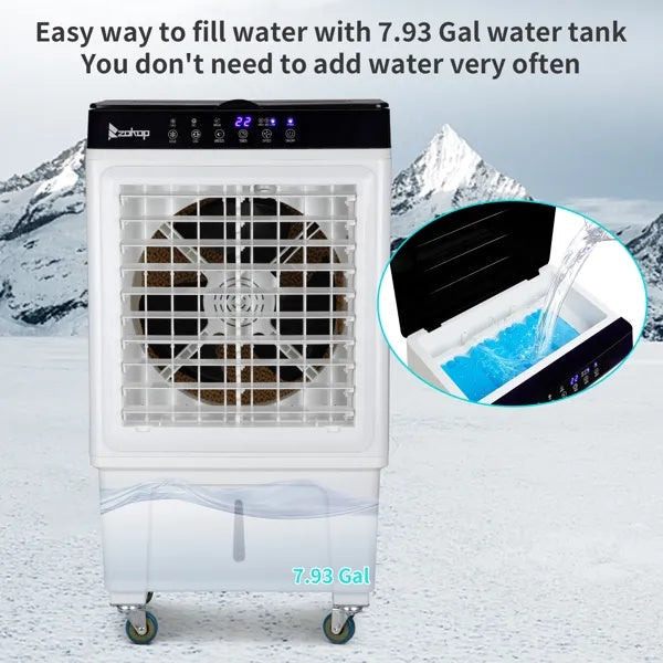 Portable 3-in-1 Evaporative Air Cooler Fan – 30L Water Tank, Remote Control, 2353 CFM Airflow & 90° Oscillationhly humid rooms.