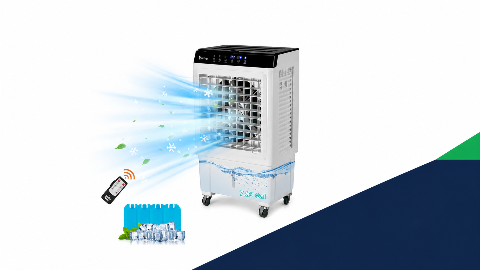 Portable 3-in-1 Evaporative Air Cooler Fan – 30L Water Tank, Remote Control, 2353 CFM Airflow & 90° Oscillationhly humid rooms.