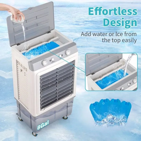 Portable 3-in-1 Evaporative Air Cooler Fan – 30L Tank, 2353 CFM Airflow &amp; 90° Oscillation
