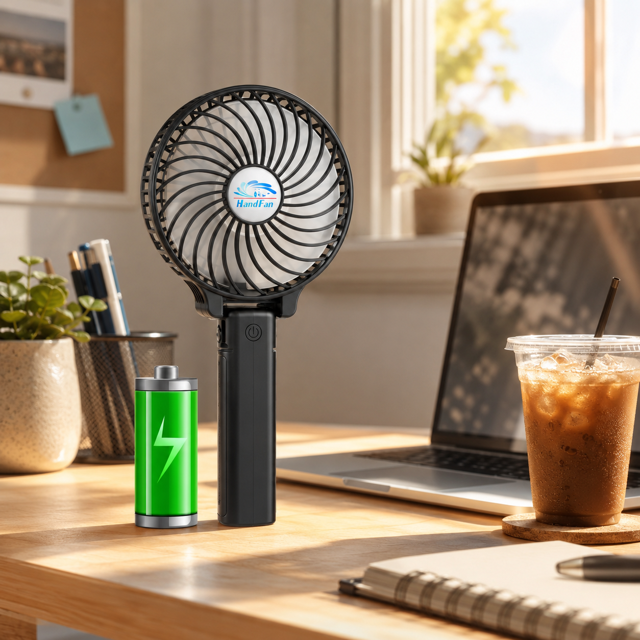 HandFan Portable Fans Battery Operated Handheld Fan Rechargeable with Anti Automatic Working Button & Built-in Bracket USB Desk Fan Foldable (Black)